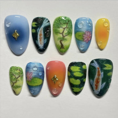 24Pcs False Nails Spring/Summer Collection—Lotus-Inspired Soft Green Almond-Shaped Press-On Nails Perfect As A Gift for Girls